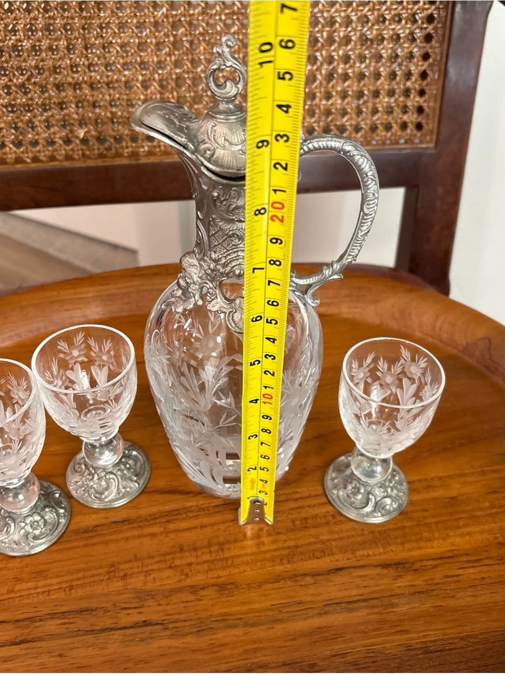 Vintage Peltro Claret Crystal Jug? W/ Pewter. 95% 3 Small Glasses—Italy— barware